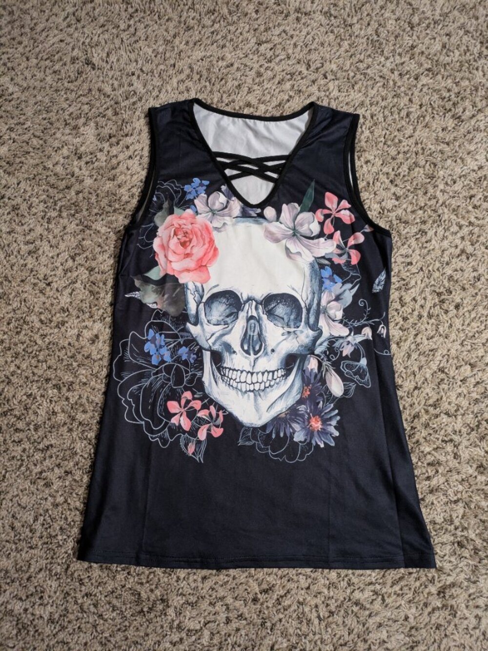 Floral Skull Graphic Tank Top with Criss-Cross Neck — Size Medium